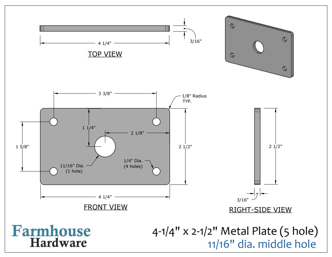 5-1/2 x 3-1/4 x 3/16 metal plate, 5 holes (11/16 middle hole)