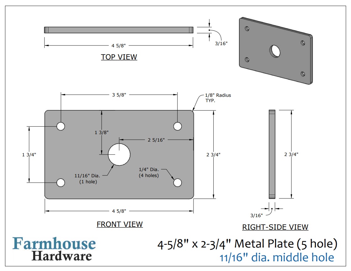 4-5/8 x 2-3/4 x 3/16 metal plate, 5 holes (11/16 middle hole)